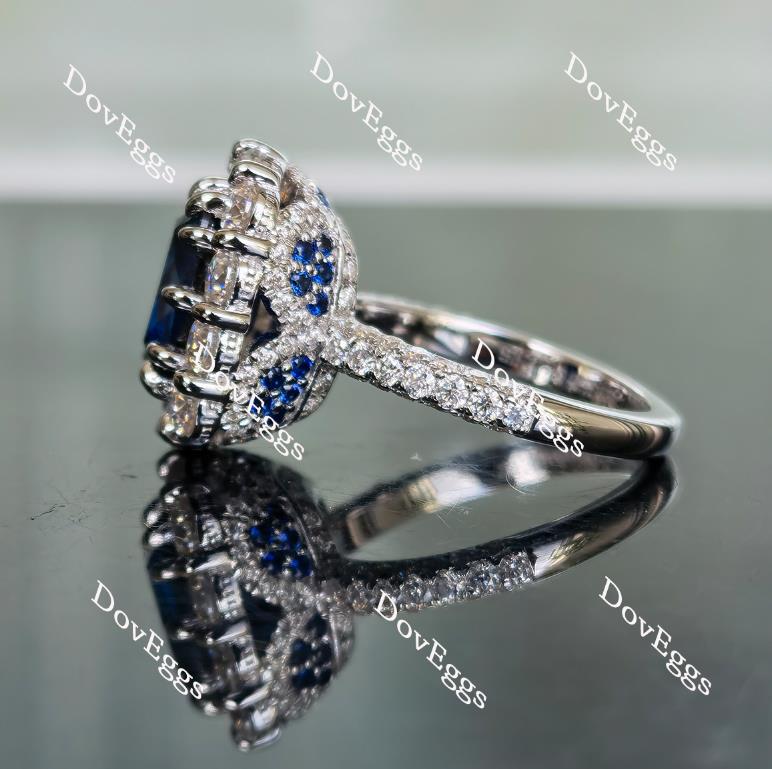 Doveggs elongated cushion half eternity pave blue sapphire colored gem ring