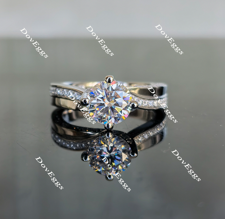 Round art deco moissanite engagement ring, front and side view