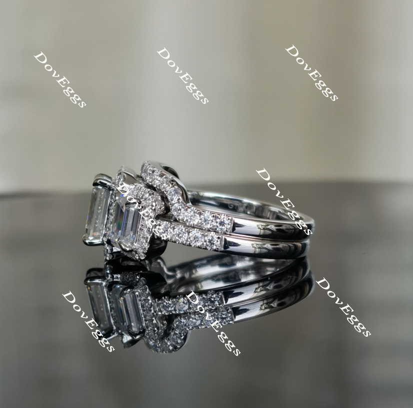 Doveggs halo three stones emerald moissanite bridal set (2 rings)