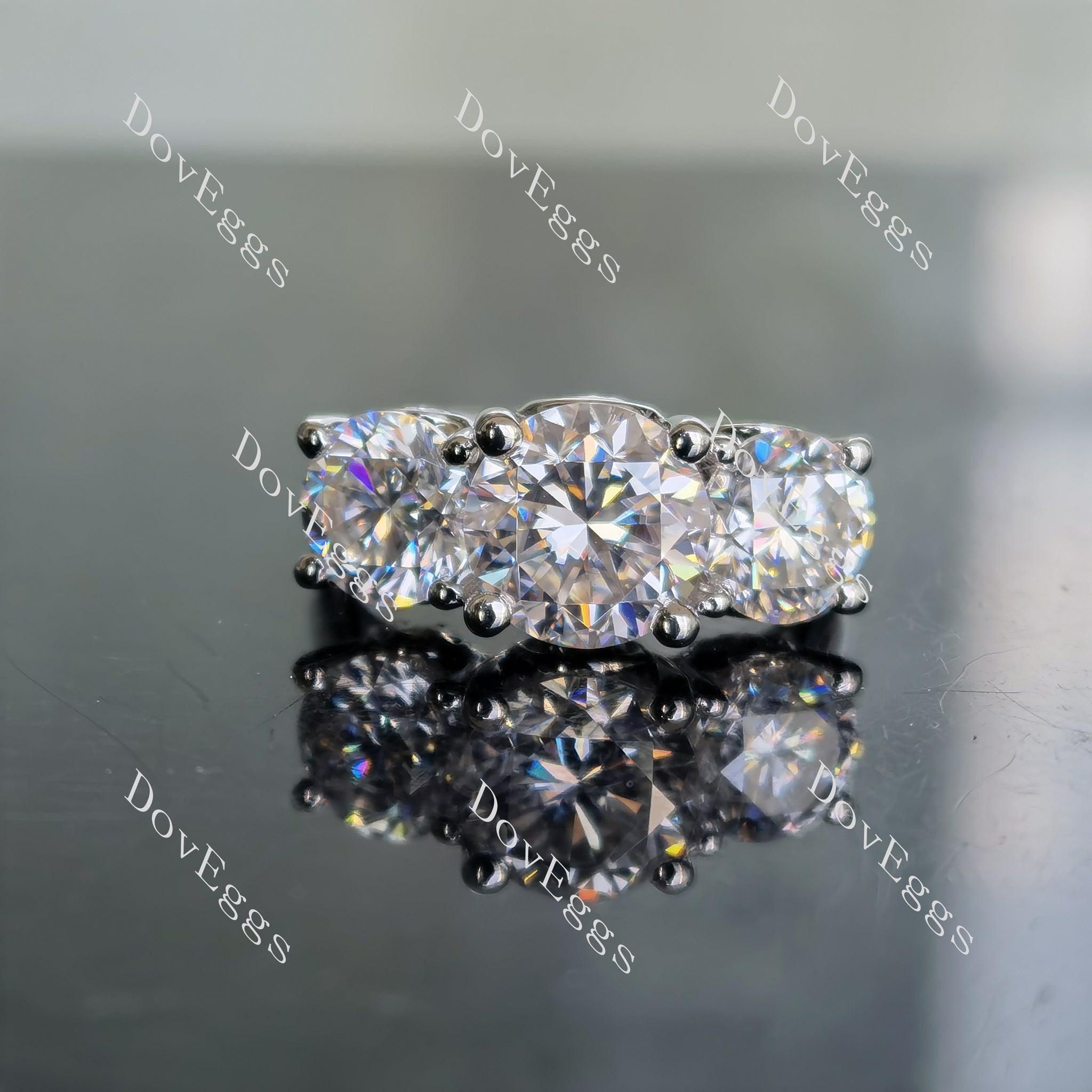 DovEggs 1ct-2ct-1ct round three stones moissanite engagement ring