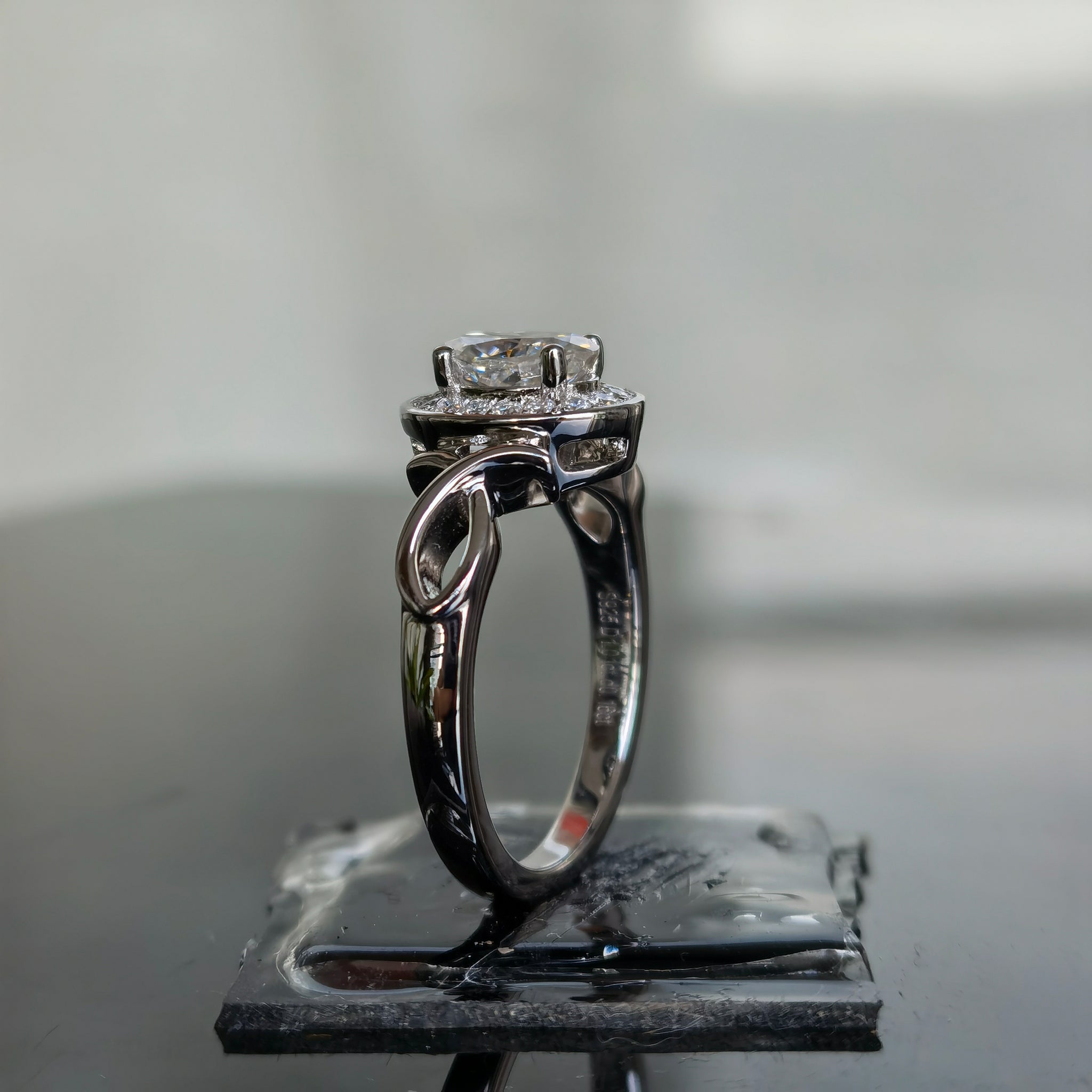 Doveggs ribbon halo sterling silver moissanite engagement ring