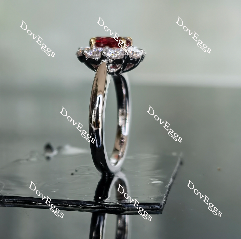 Doveggs oval shape halo vivid pigeon blood ruby colored gem ring