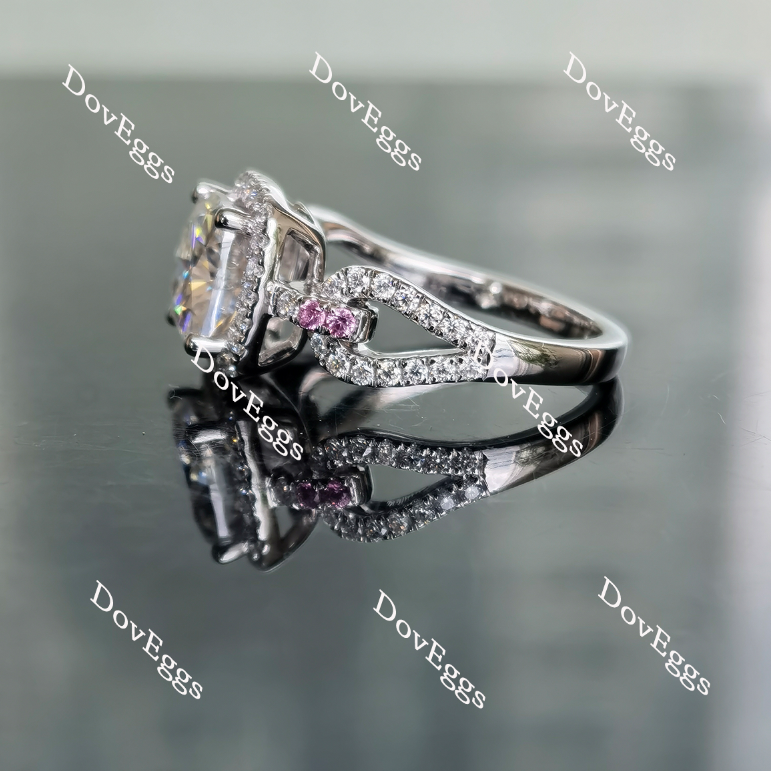 Doveggs cushion split shank halo pave moissanite and birthstone engagement ring