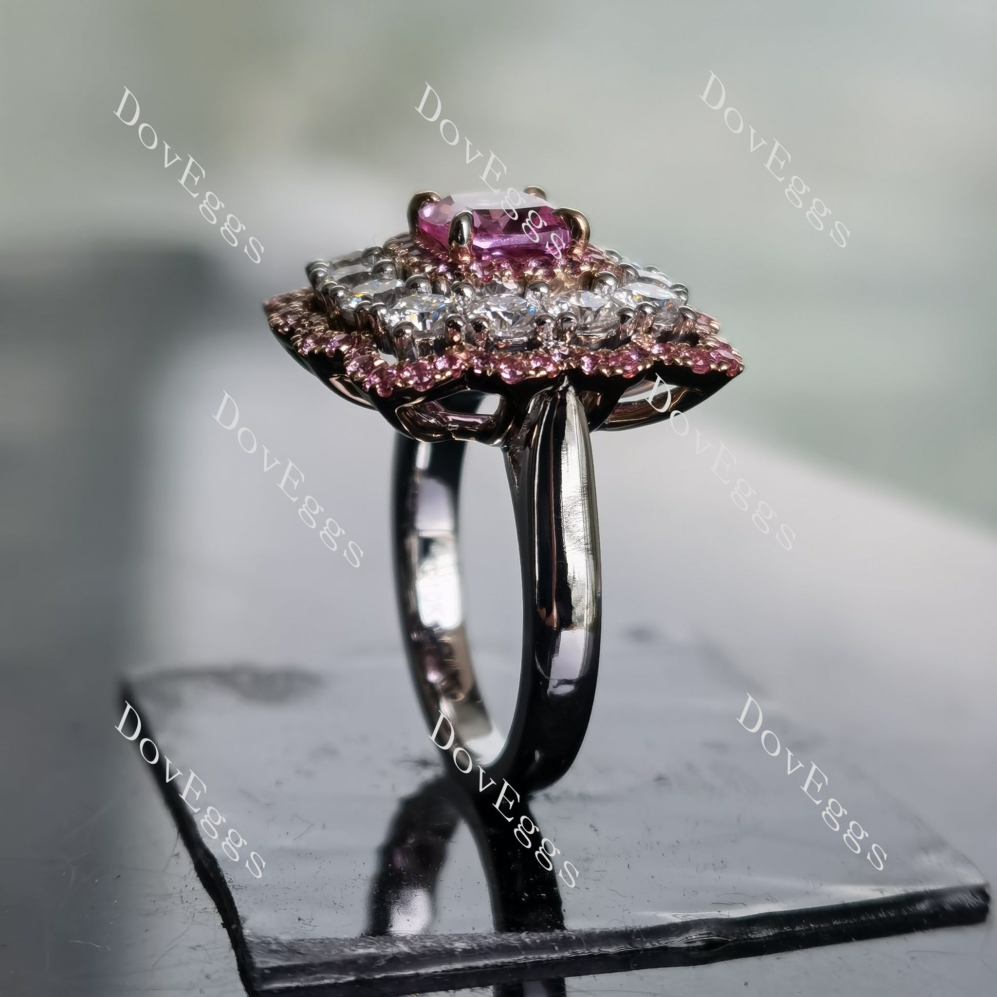 DovEggs cushion floral halo colored gem engagement ring