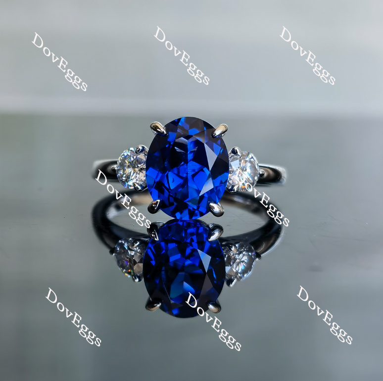 Doveggs oval three-stone blue sapphire colored gemr ring