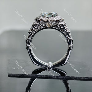 Blooming Angel round portuguese Peacock blue moissanite engagement ring