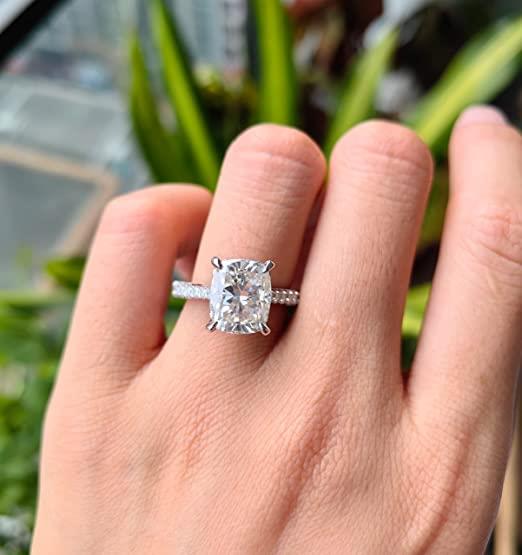 Doveggs elongated cushion sterling silver hidden halo moissanite engagement ring