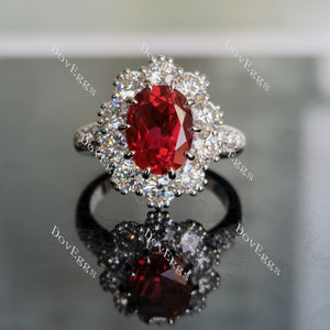DovEggs oval halo vivid pegion blood ruby colored gem engagement ring