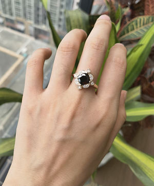The Emma flower shape Cushion black moissanite ring