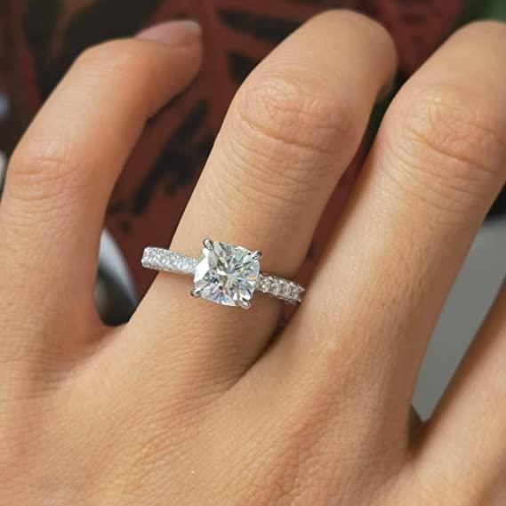 Doveggs 2ct cushion sterling silver hidden halo moissanite ring Band Width 2.5mm