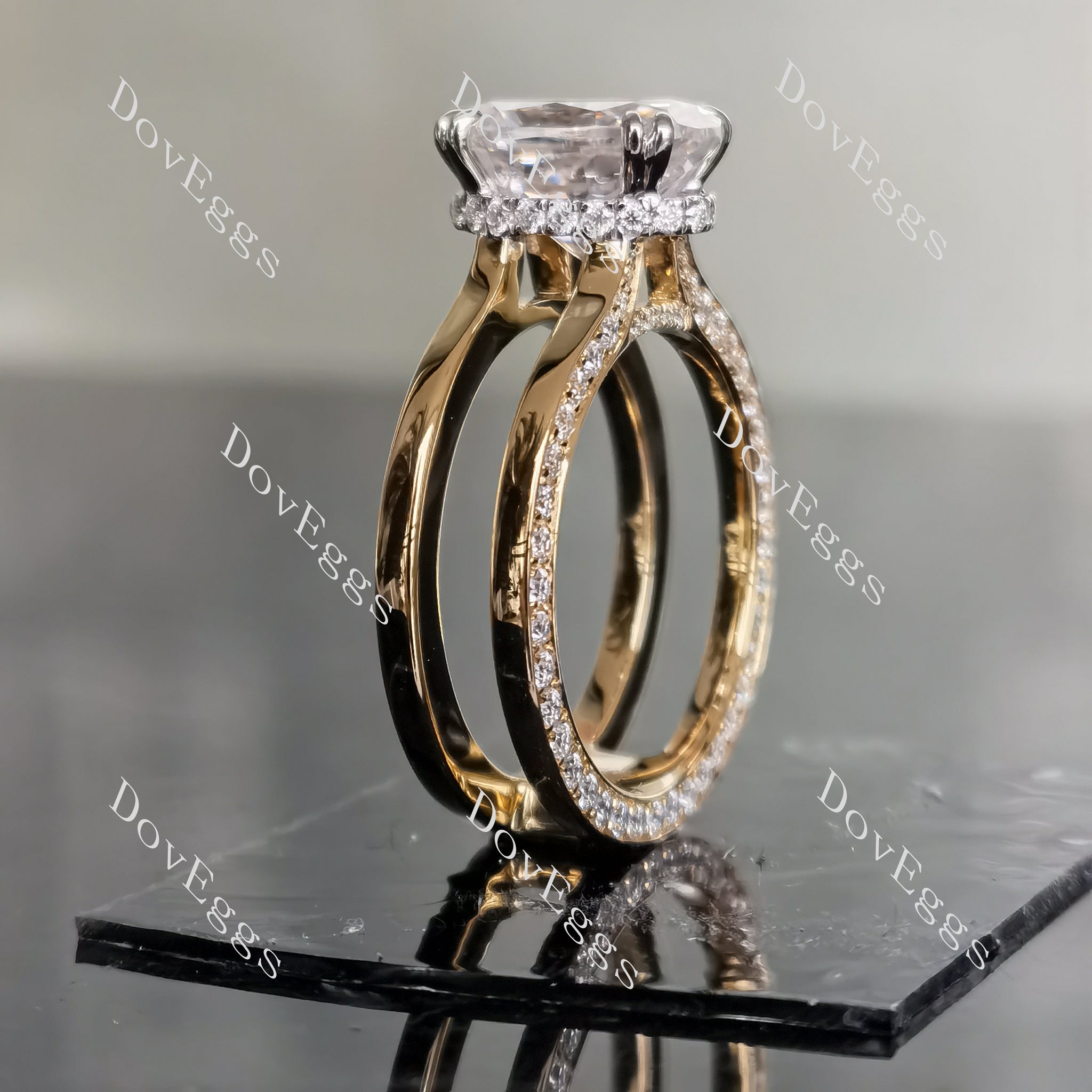 Doveggs elongated oval hidden halo moissanite engagement ring
