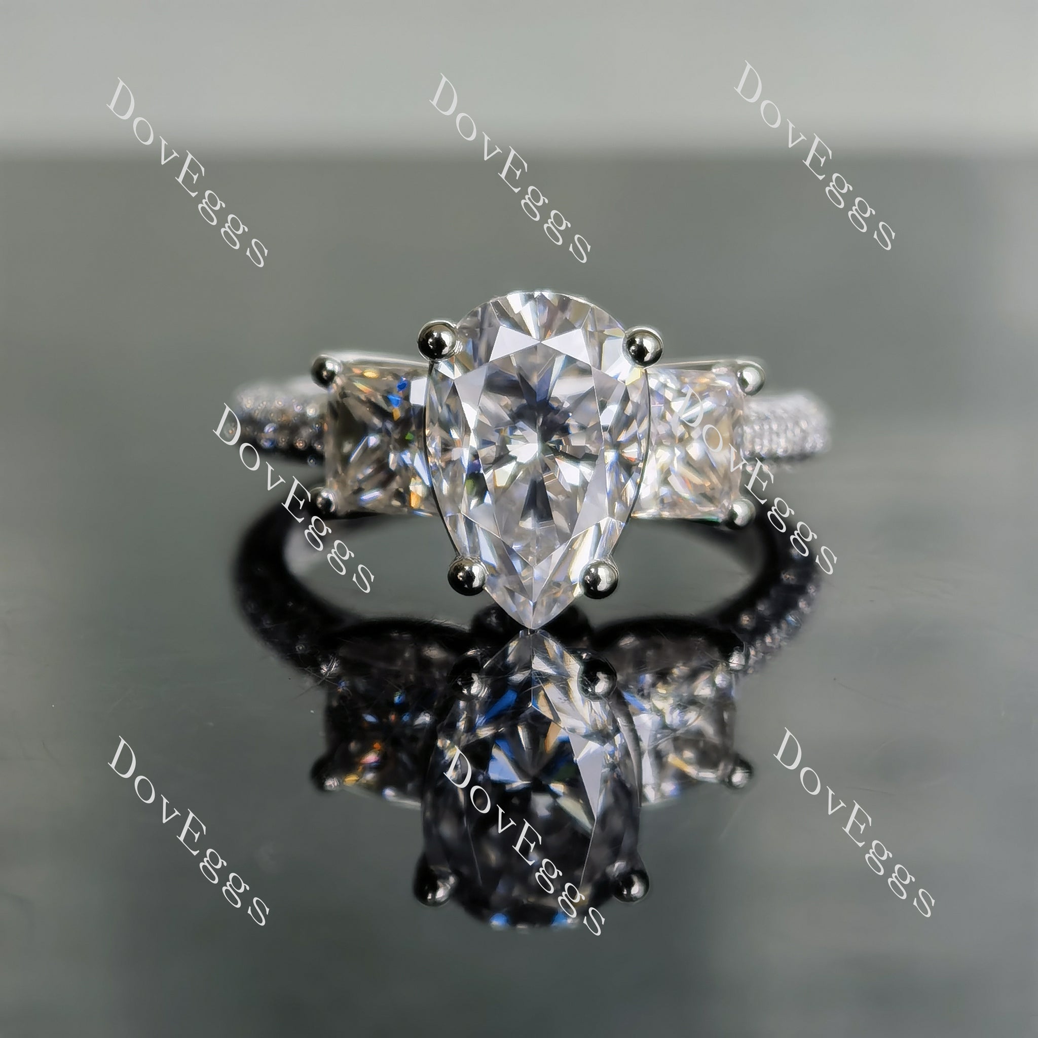 Doveggs pear pave three stones moissanite engagement ring