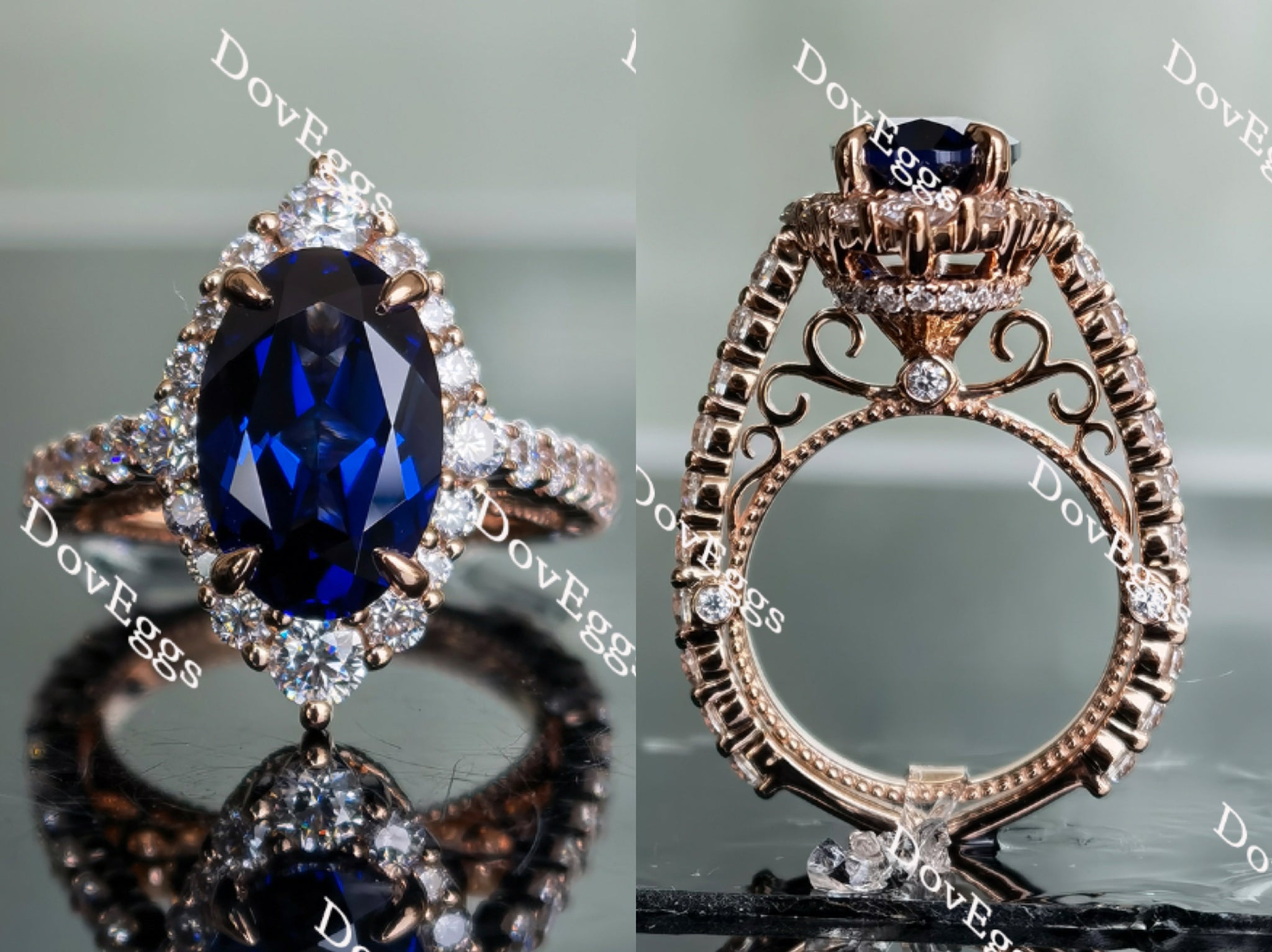 Doveggs floral halo elongated oval intense royal blue sapphire ring