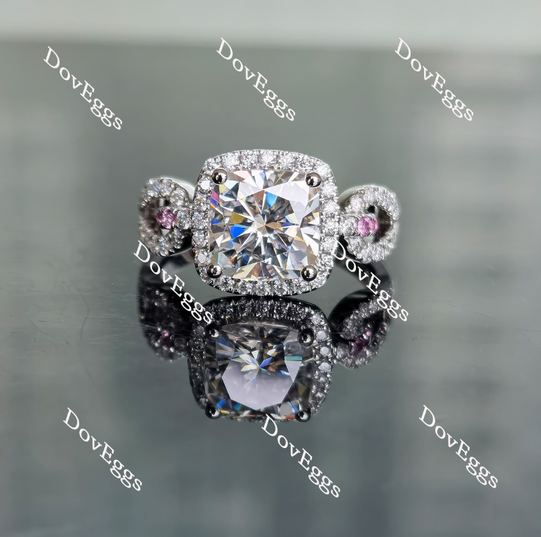 Doveggs cushion split shank halo pave moissanite and birthstone engagement ring