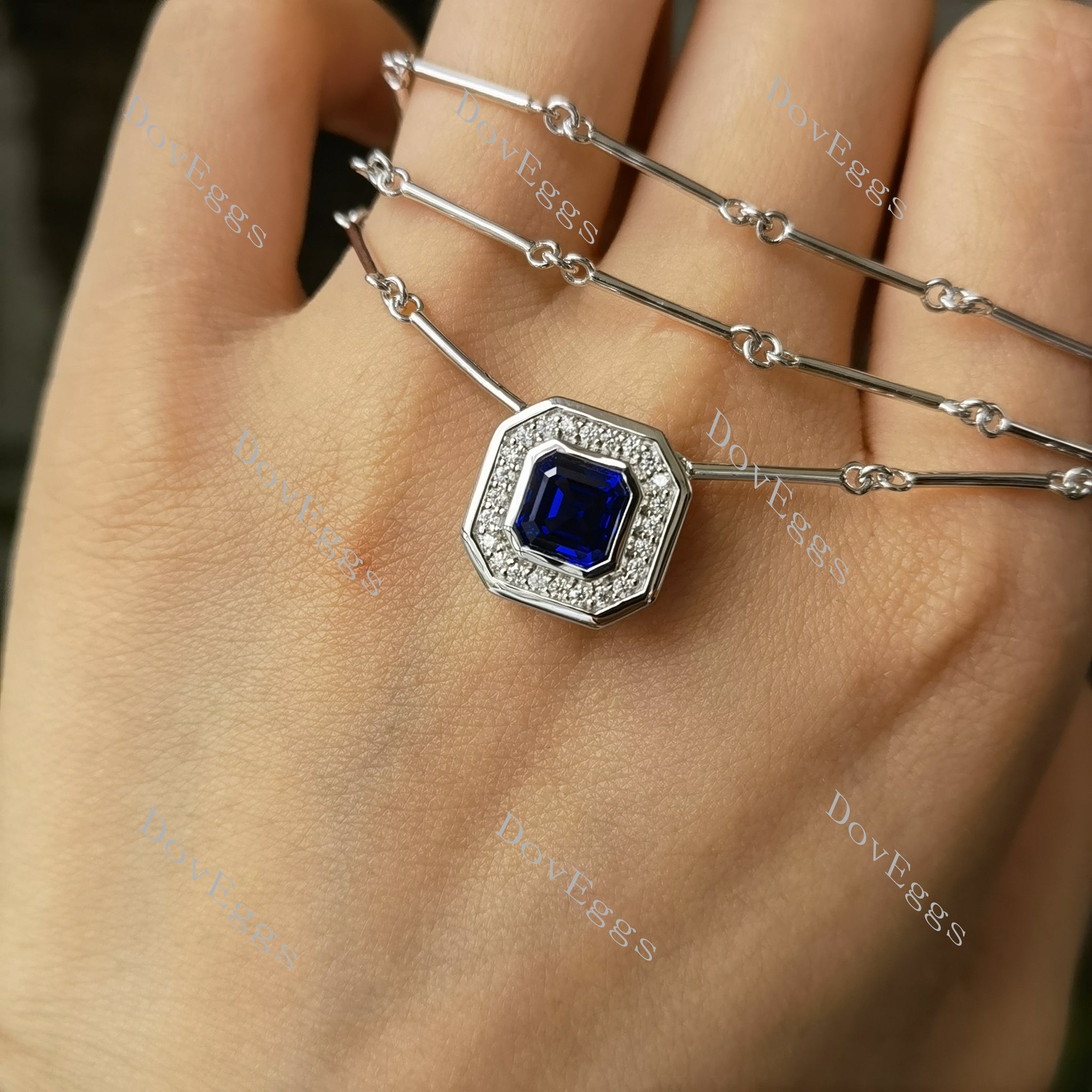 Doveggs asscher bezel halo colored gem pendant (with 17' length chain)