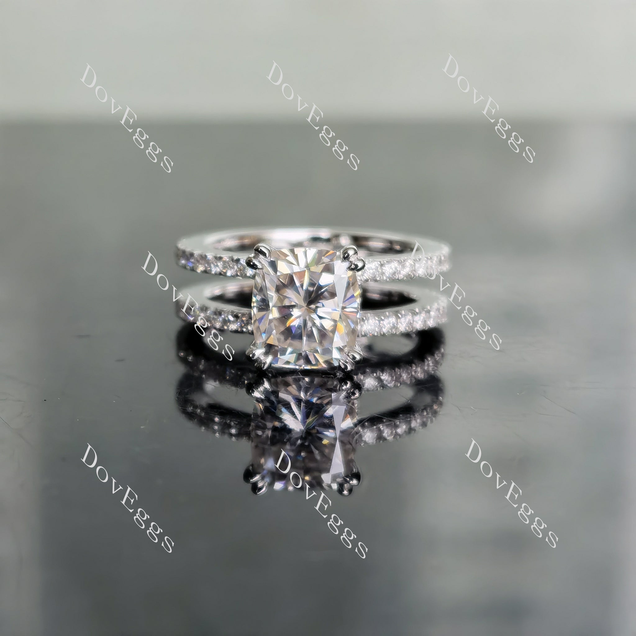 DovEggs cushion full eternity two pave moissanite engagement ring