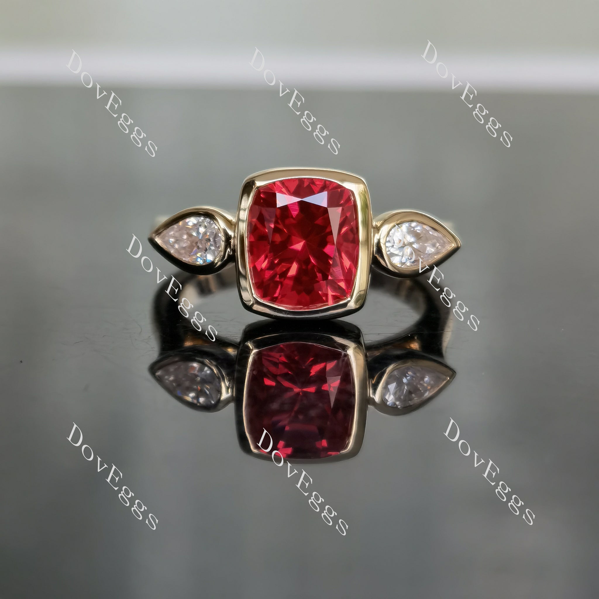 Doveggs bezel three stones colored gem/colored moissanite engagement ring