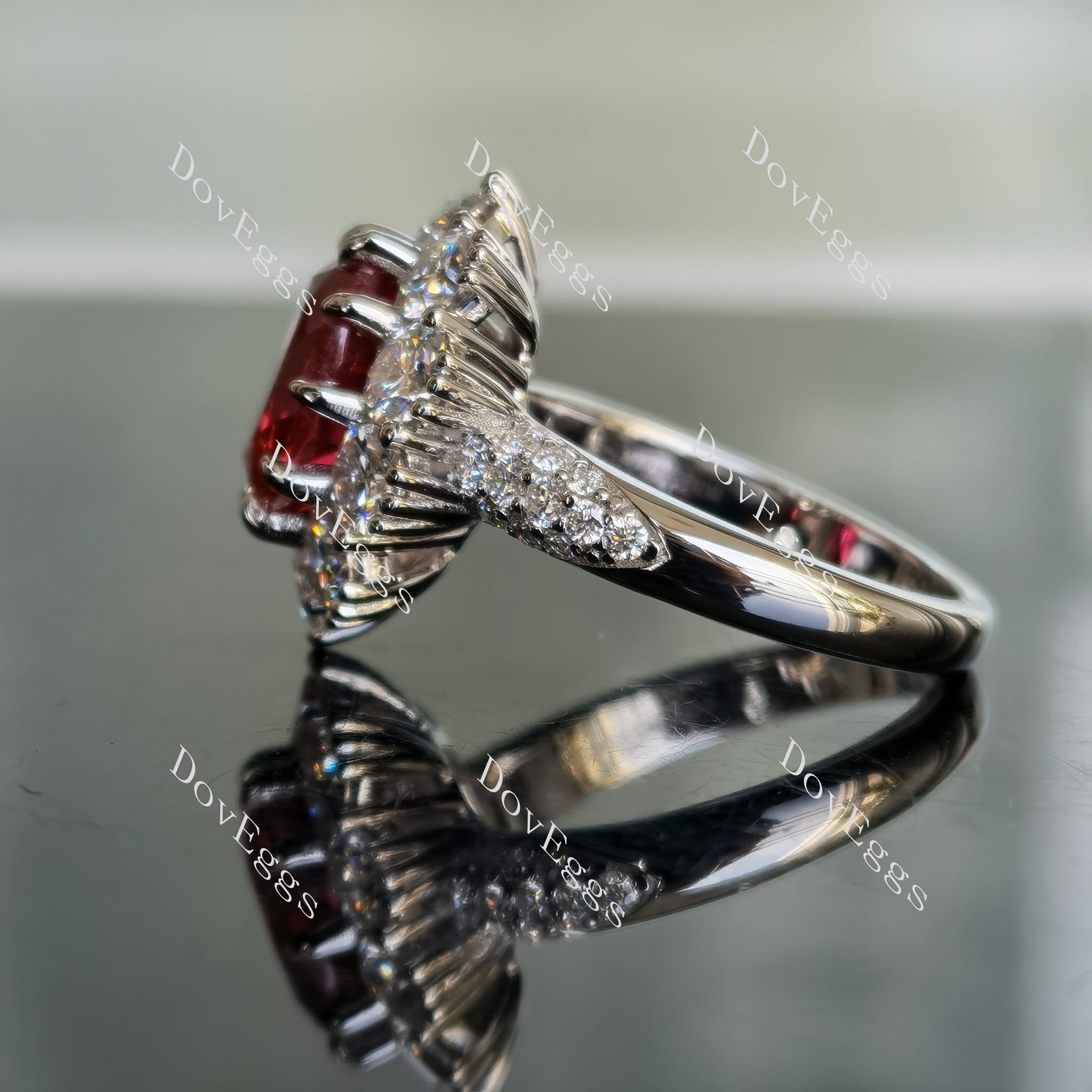 DovEggs oval halo vivid pegion blood ruby colored gem engagement ring