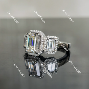 Doveggs three stone halo emerald moissanite engagement ring