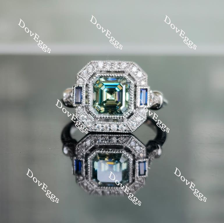 Doveggs peacock blue asscher halo moissanaite & colored gem engagement ring