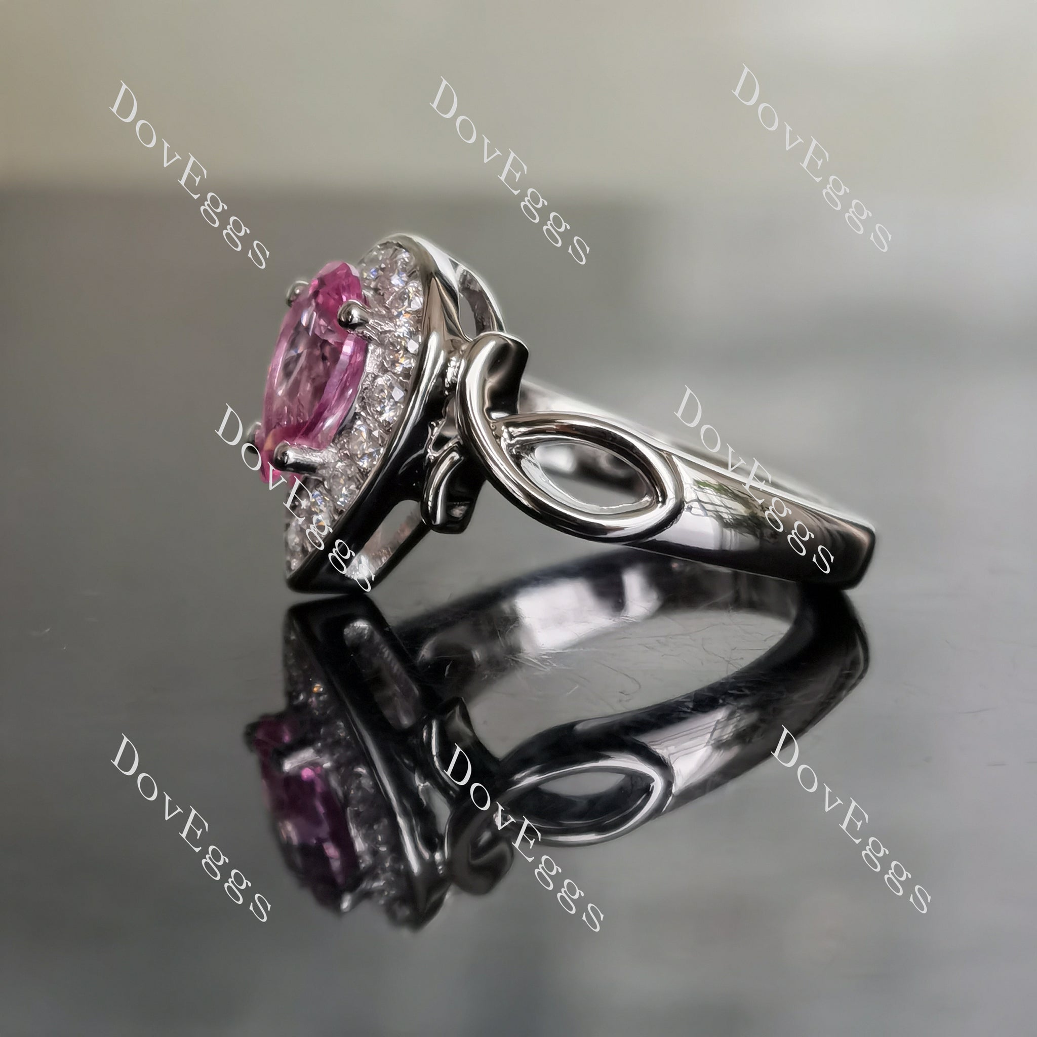 Doveggs pear ribbon halo pink sapphire colored gem engagement ring