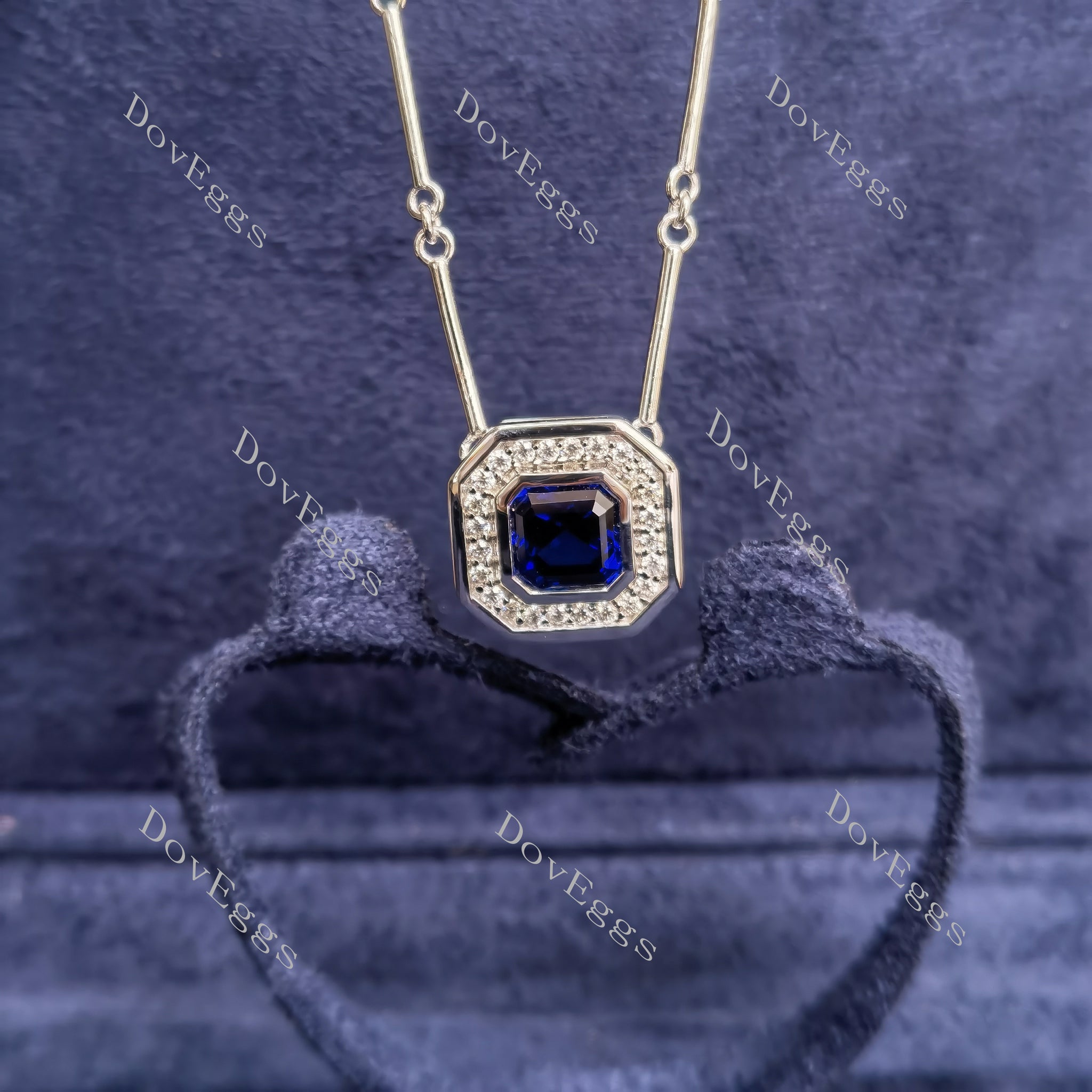 Doveggs asscher bezel halo colored gem pendant (with 17' length chain)