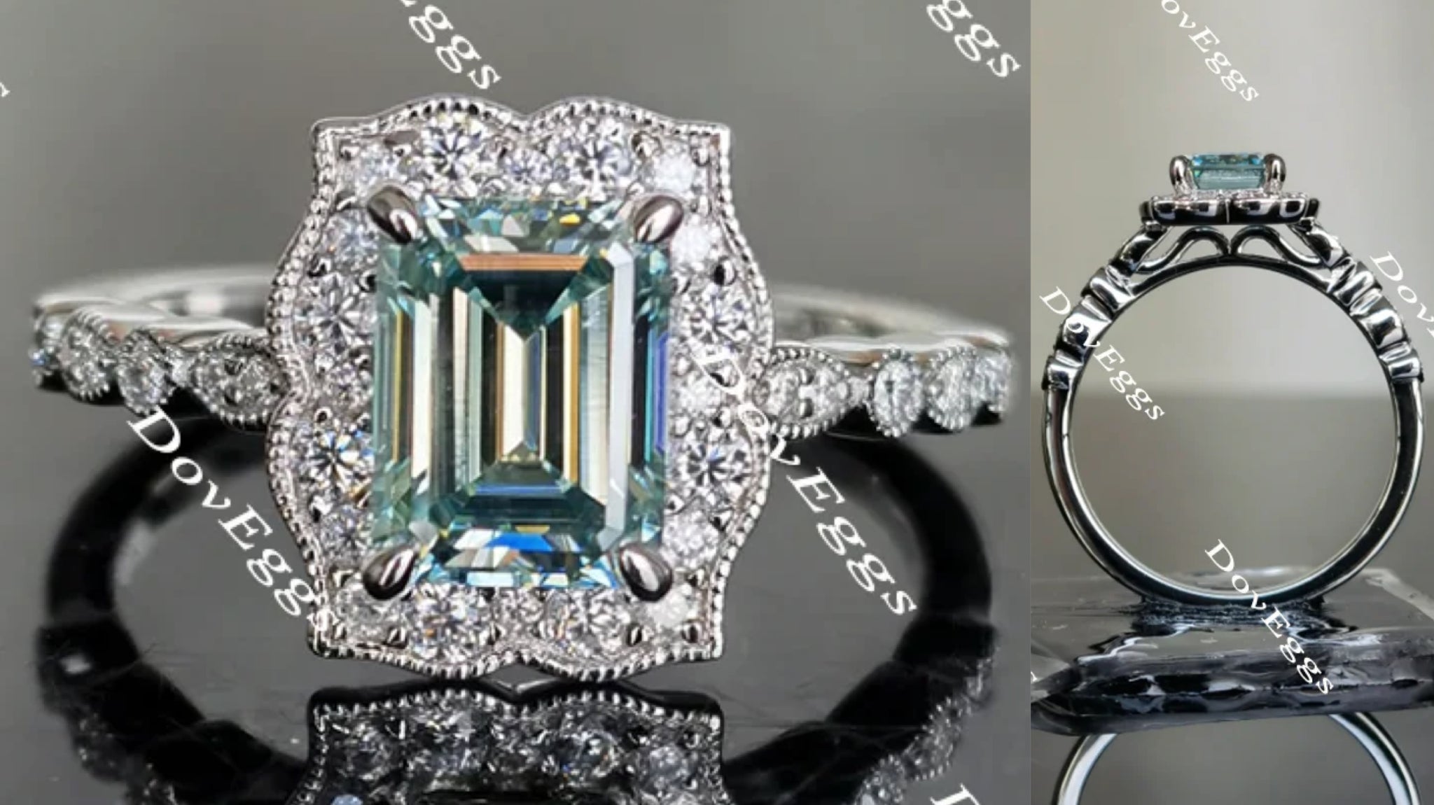halo emerald moissanite engagement ring