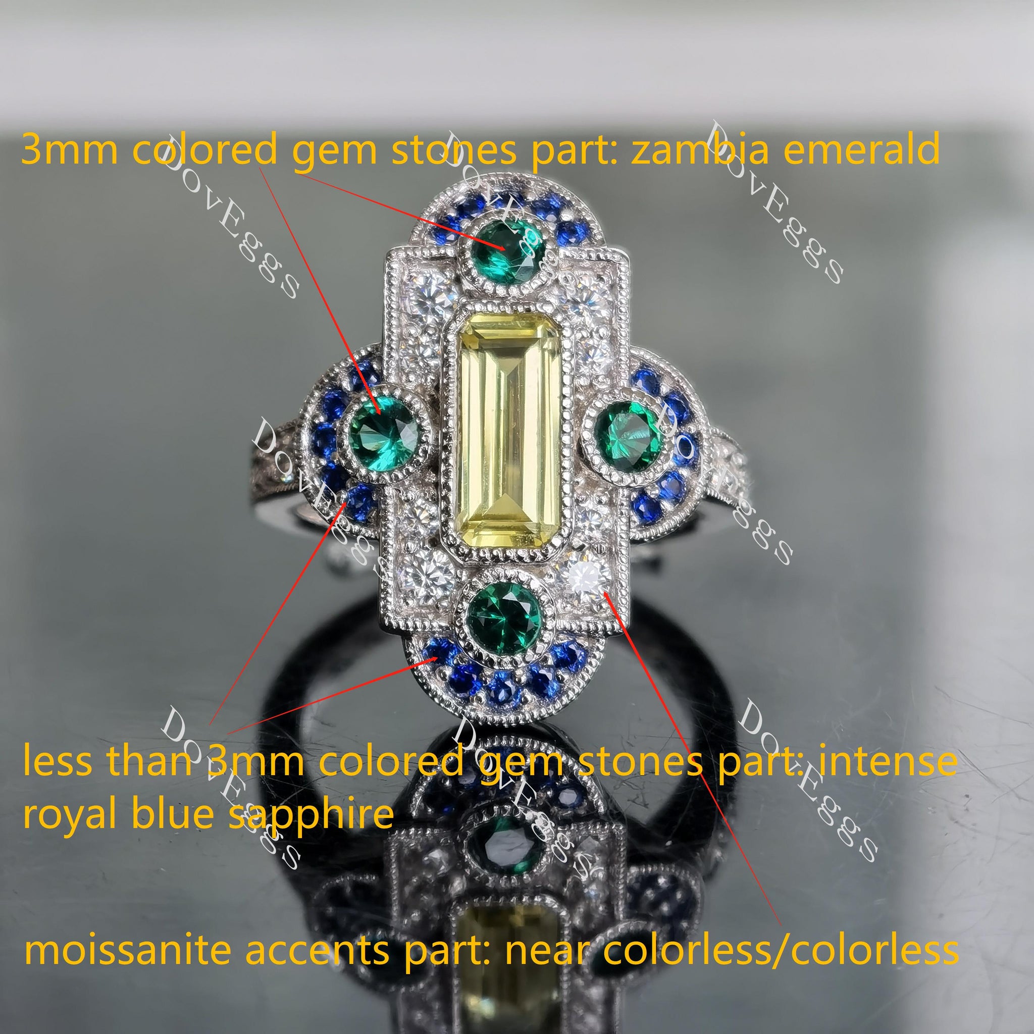 DovEggs vintage art deco emerald shape yellow sapphire colored gem engagement ring