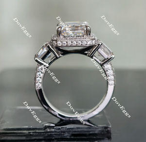 The Aunt Gabby three stone halo emerald moissanite engagement ring