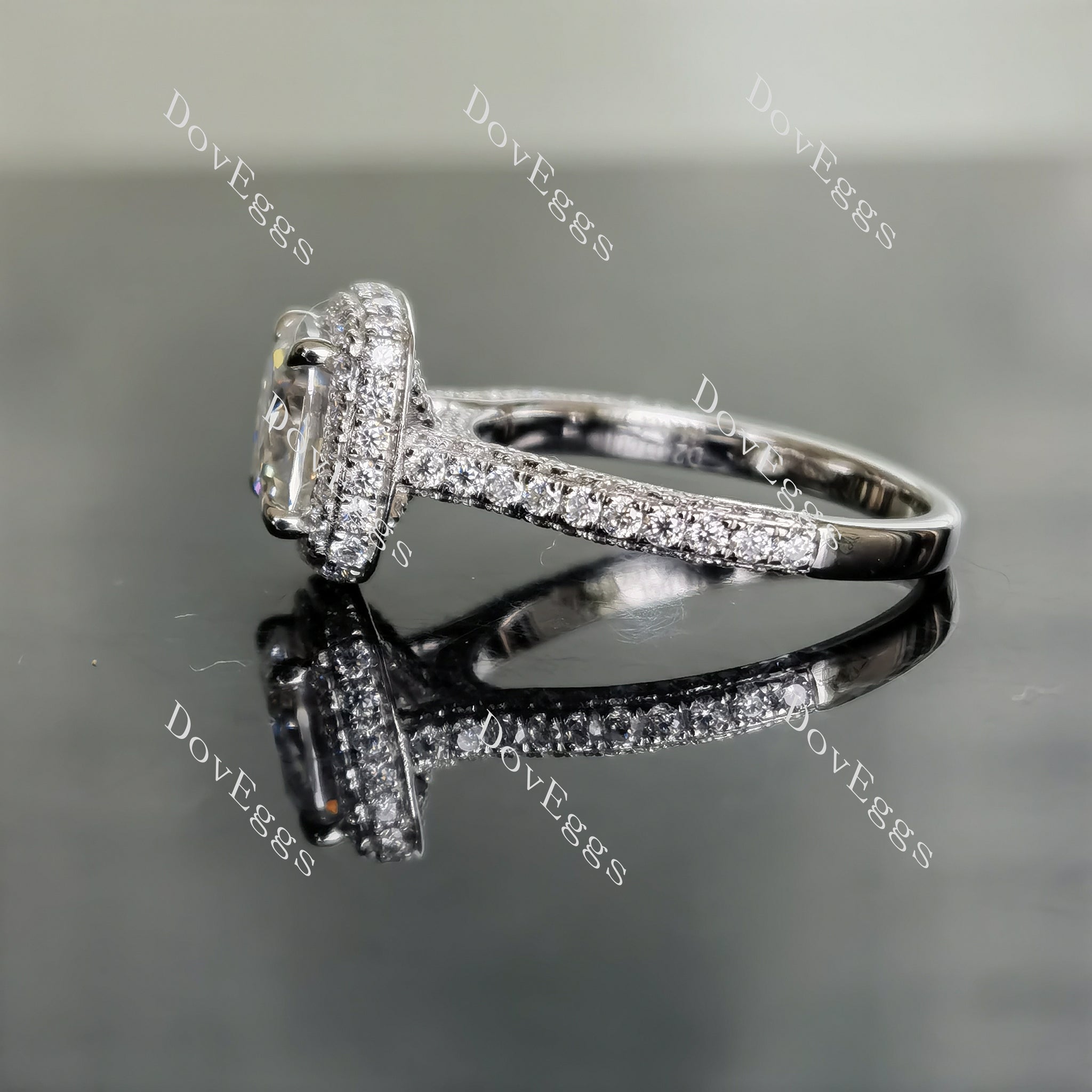 Doveggs cushion cathedral pave halo moissanite engagement ring