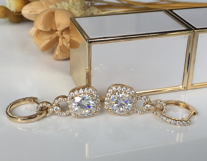 Doveggs halo cuhsion moissanite drop earrings for women - DovEggs-Seattle