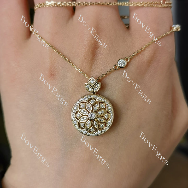 Doveggs round floral vintage moissanite/lab grown diamond pendant necklace (with chain) - DovEggs-Seattle