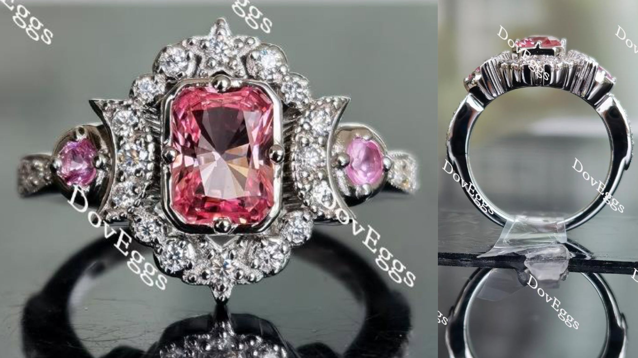 Doveggs radiant pink sapphire colored gem moon star ring