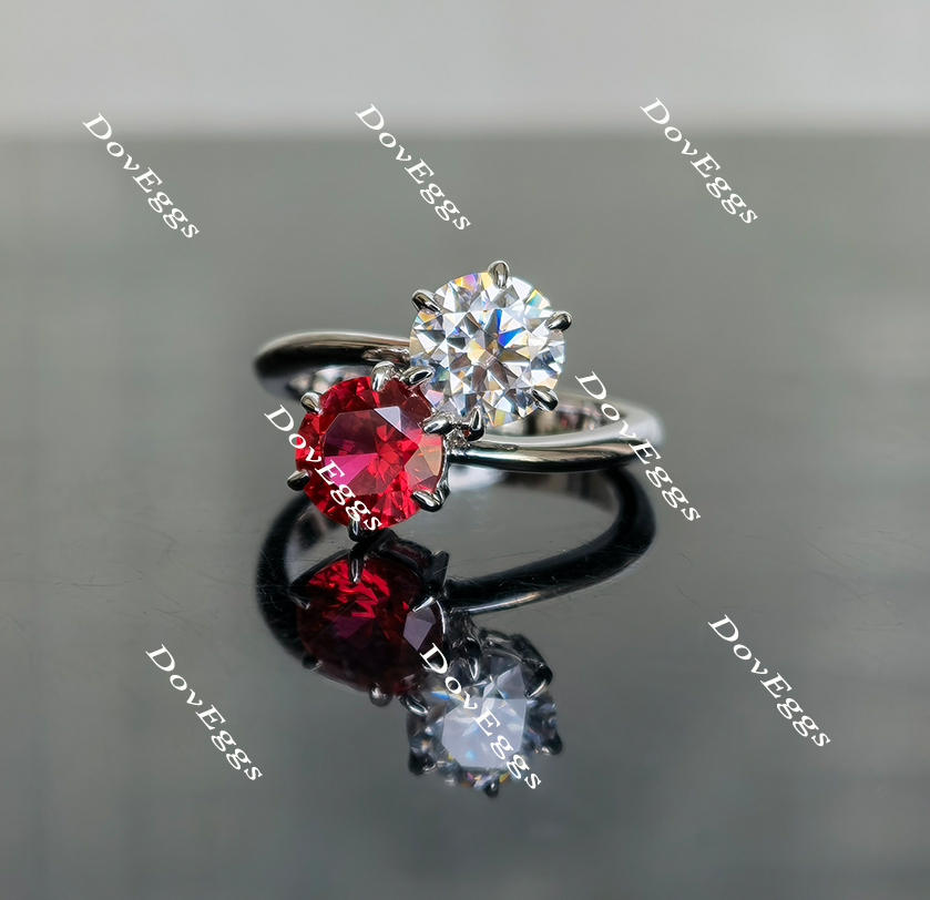 DovEggs round two stone moissanite and ruby engagement ring
