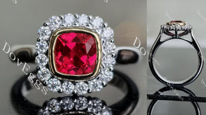halo ruby colored gem engagement ring