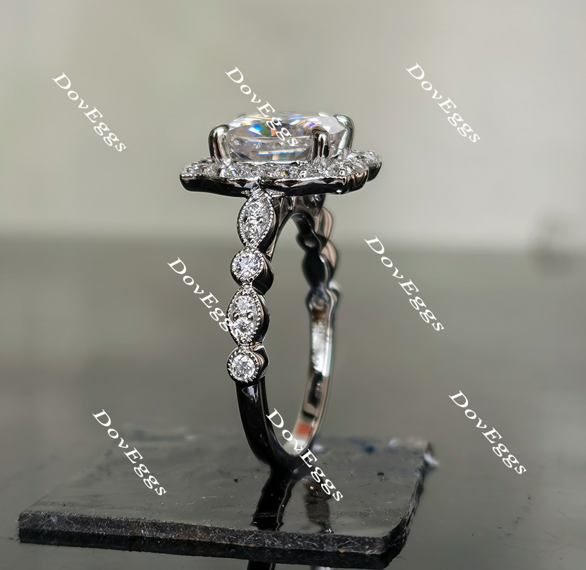 DovEggs cushion art deco halo moissanite engagement ring