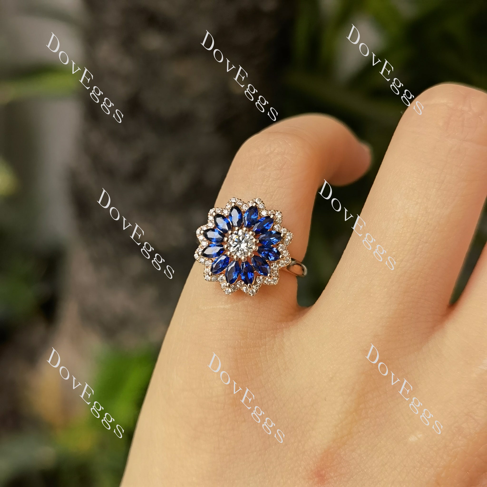 DovEggs round floral moissanite & colored gem engagement ring