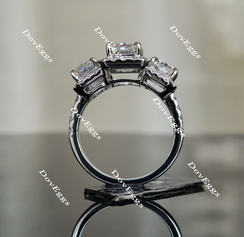 Doveggs halo three stone radiant moissanite engagement ring