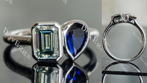 Doveggs emerald pear two stones bezel setting moissanite & colored gem ring