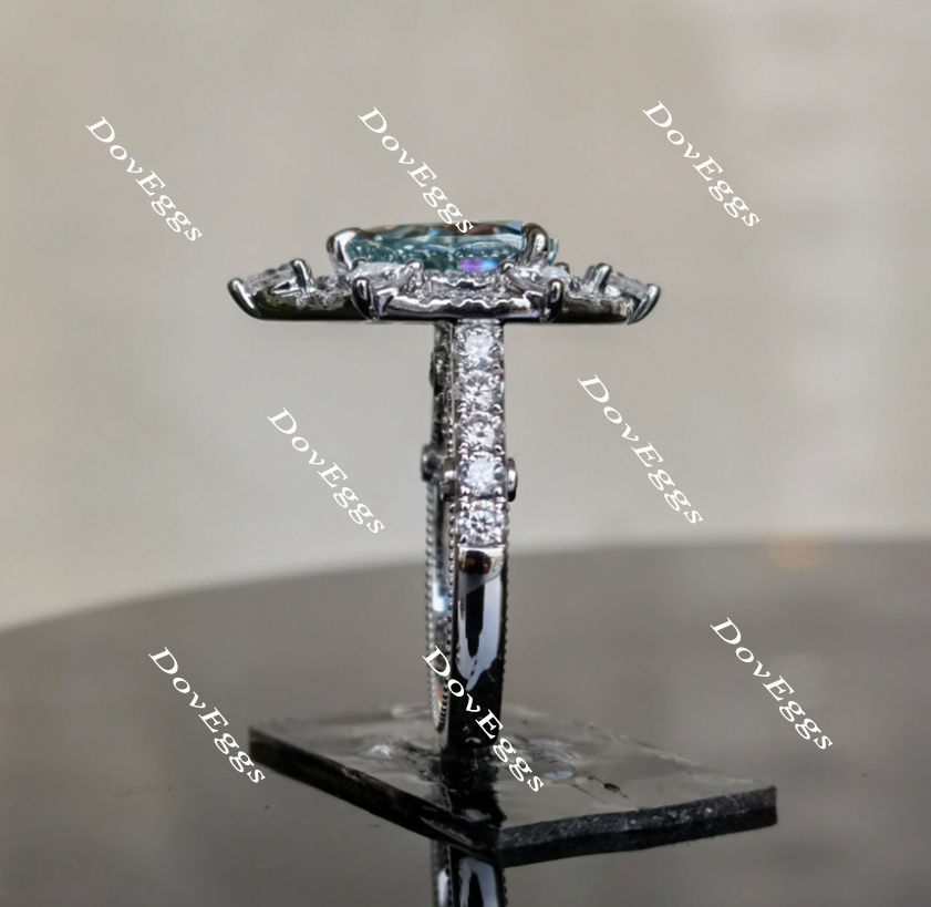 DovEggs Peacock blue vintage halo pear moissanite engagement ring
