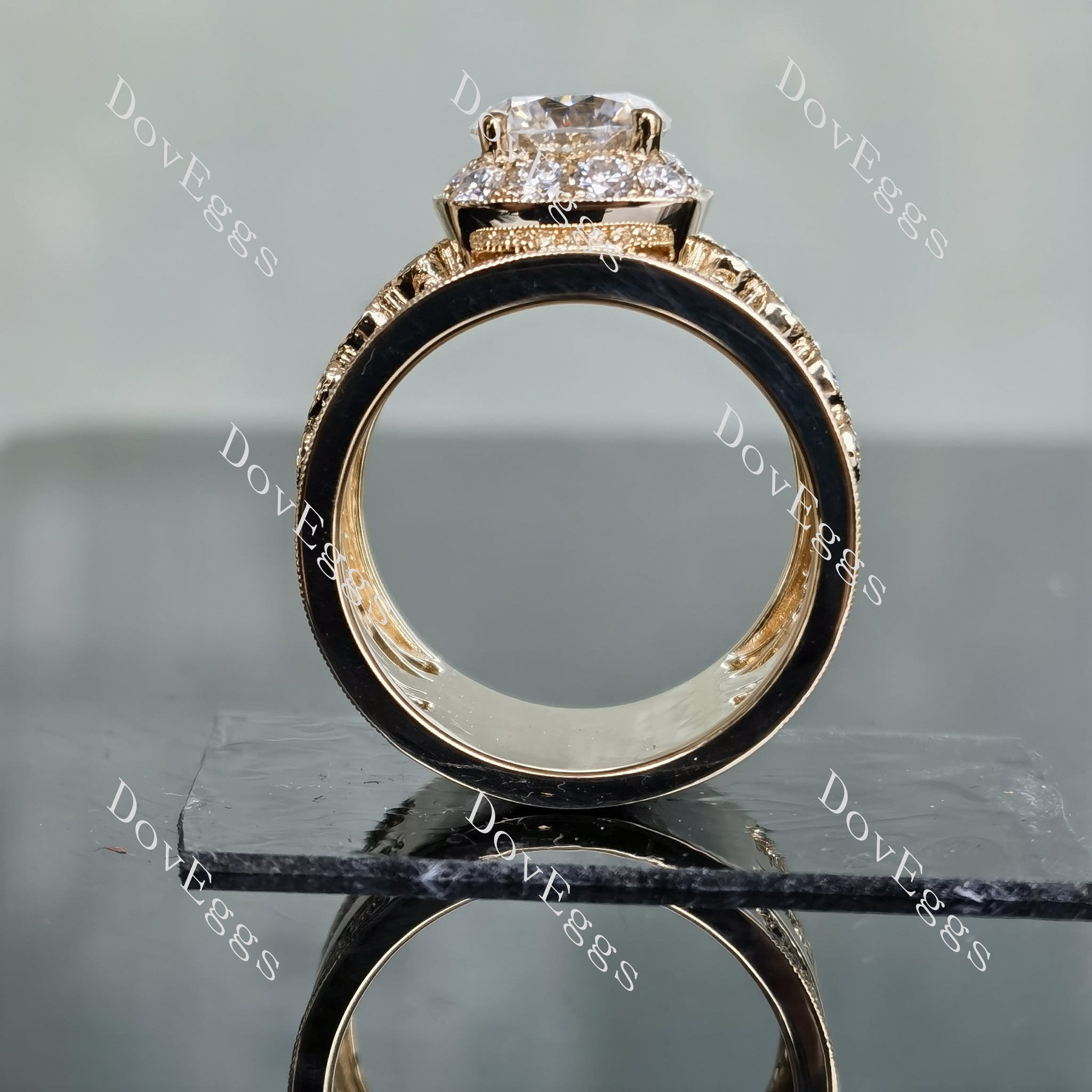 Amor Eterno round halo pave vintage wide band moissanite engagement ring