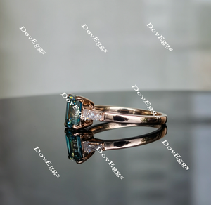 Doveggs emerald three-stone Peacock blue moissanite engagement ring for women
