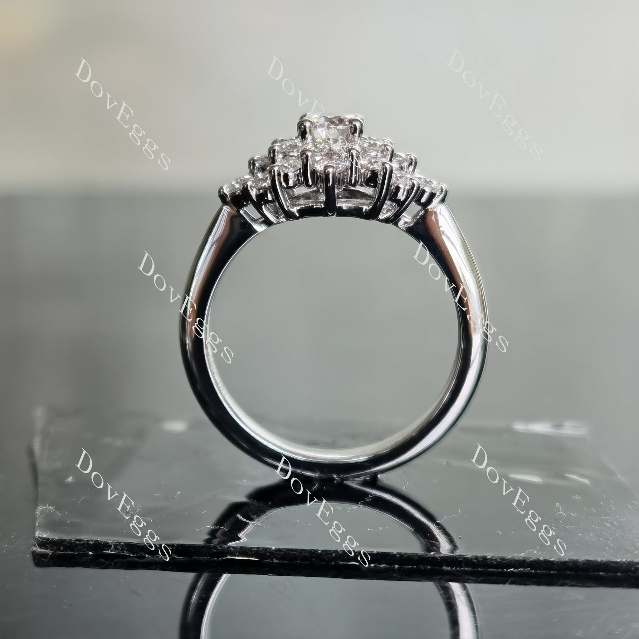 DovEggs round floral halo moissanite engagement ring