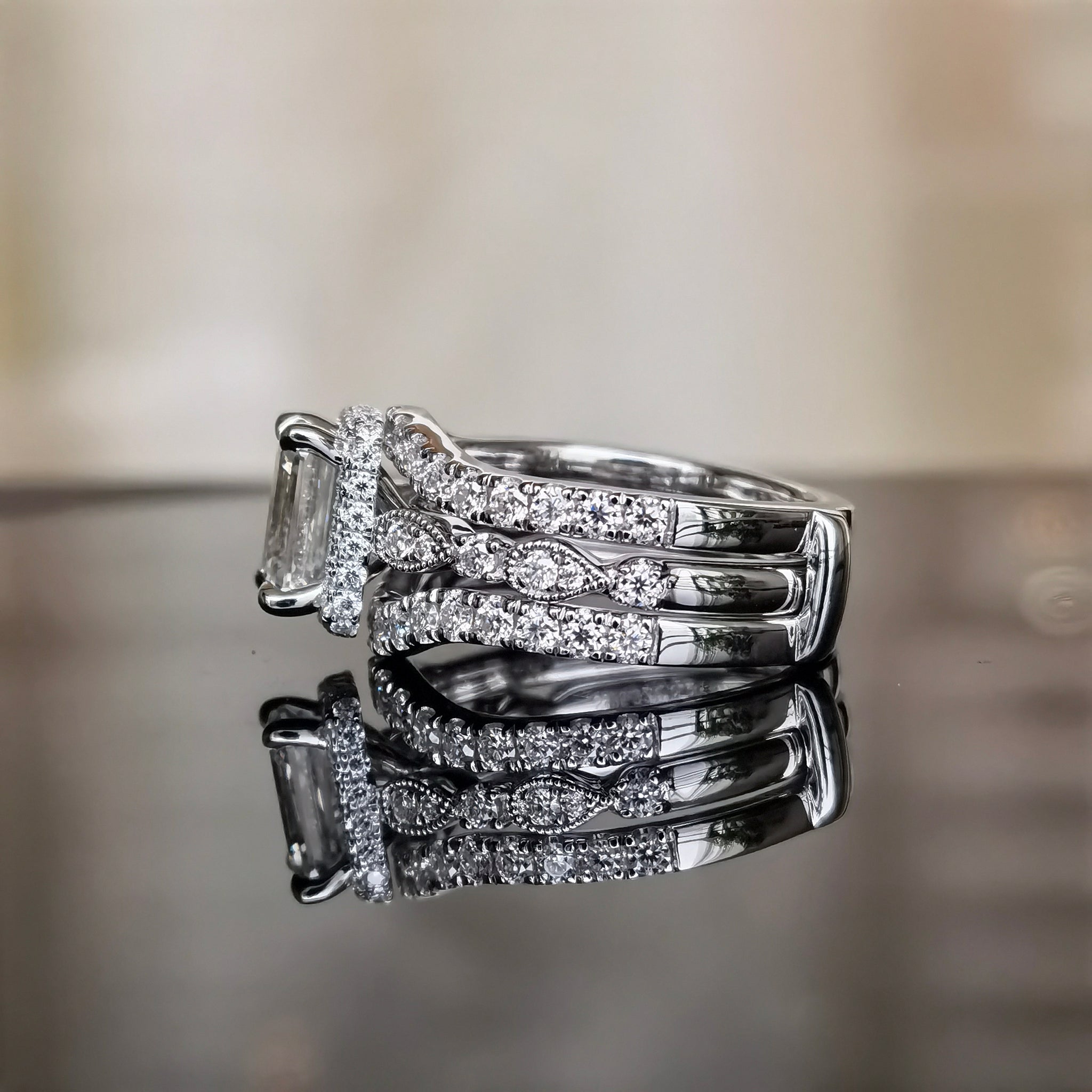 DovEggs 2 carat emerald sterling silver moissanite bridal set (2 rings)