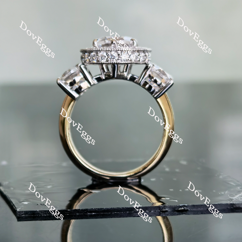 DovEggs oval vintage three-stone halo moissanite engagement ring