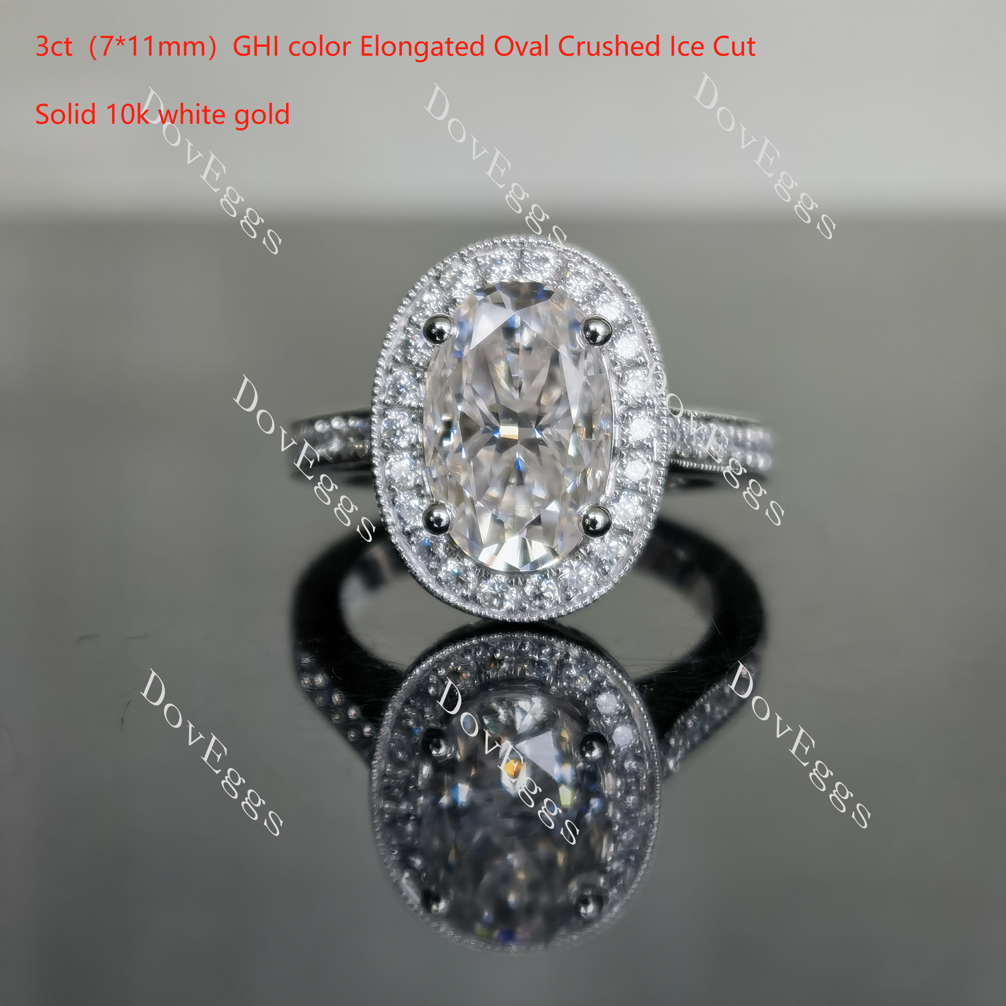 Doveggs oval half eternity pave halo moissanite engagement ring