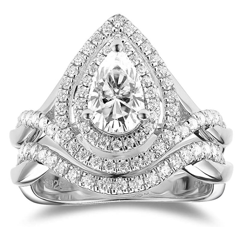 DovEggs  1.25 carat pear bridal set sterling silver moissanite ring