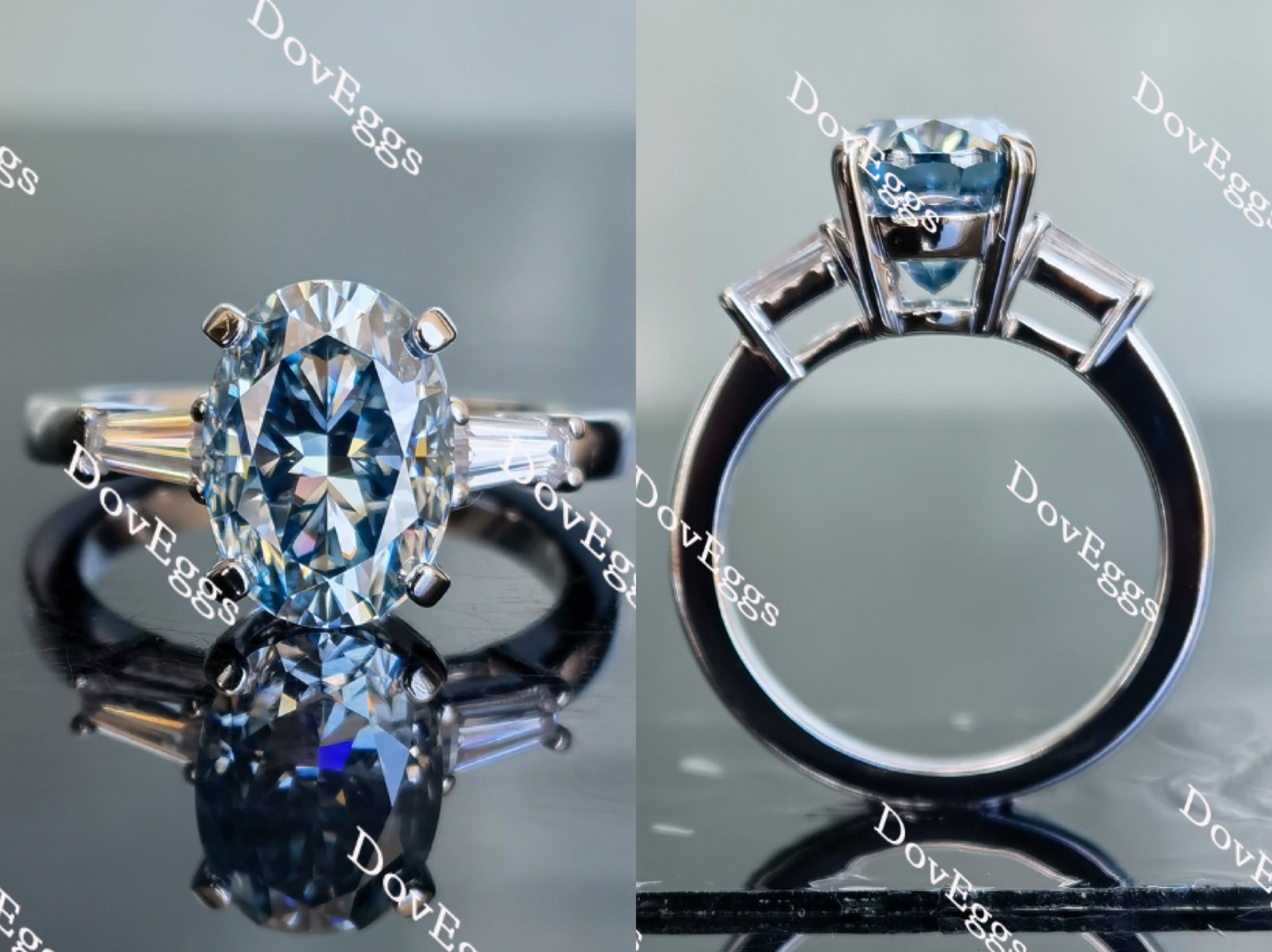 Doveggs smokey spark grey oval three-stone moissanite engagement ring