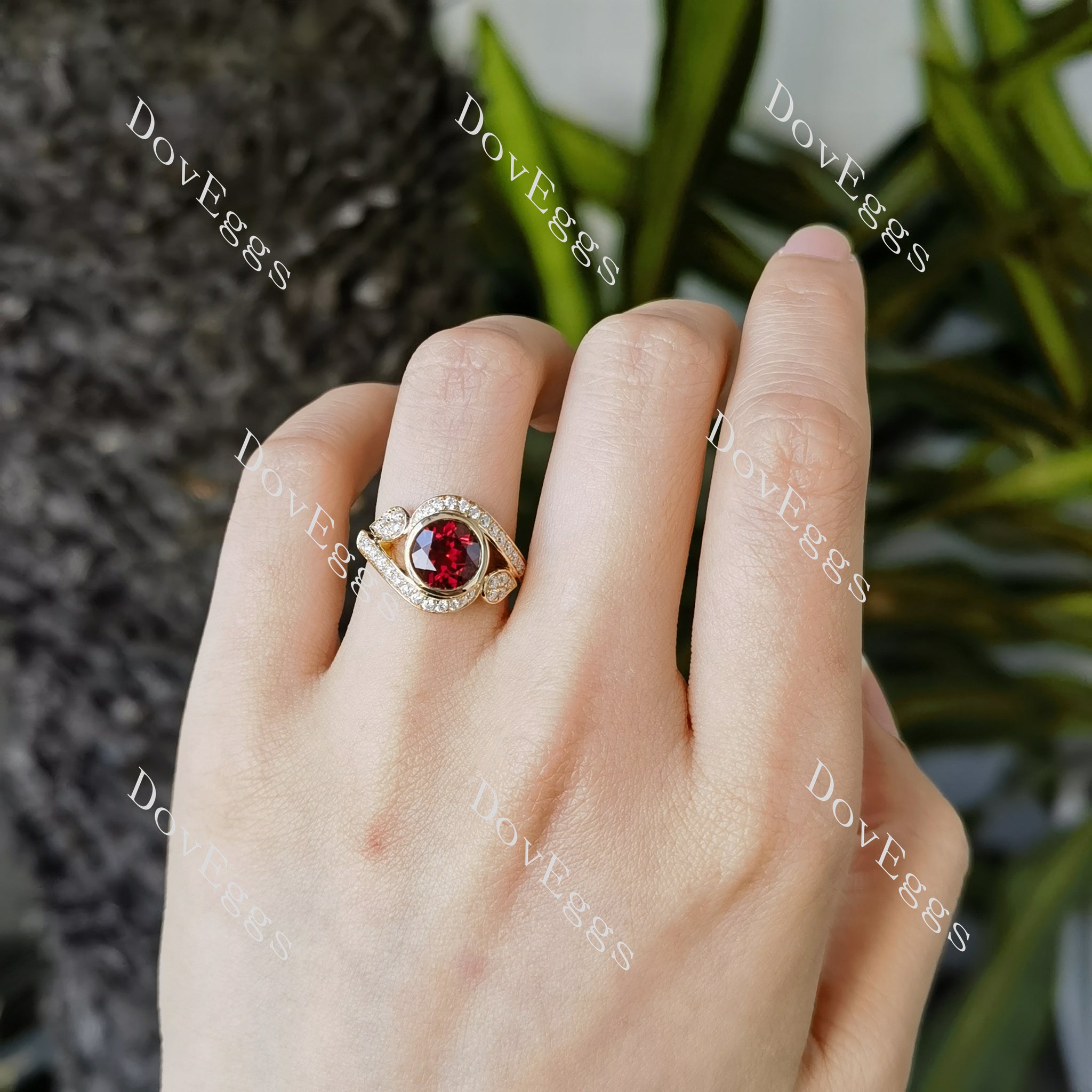 DovEggs round Astro bezel colored gem engagement ring