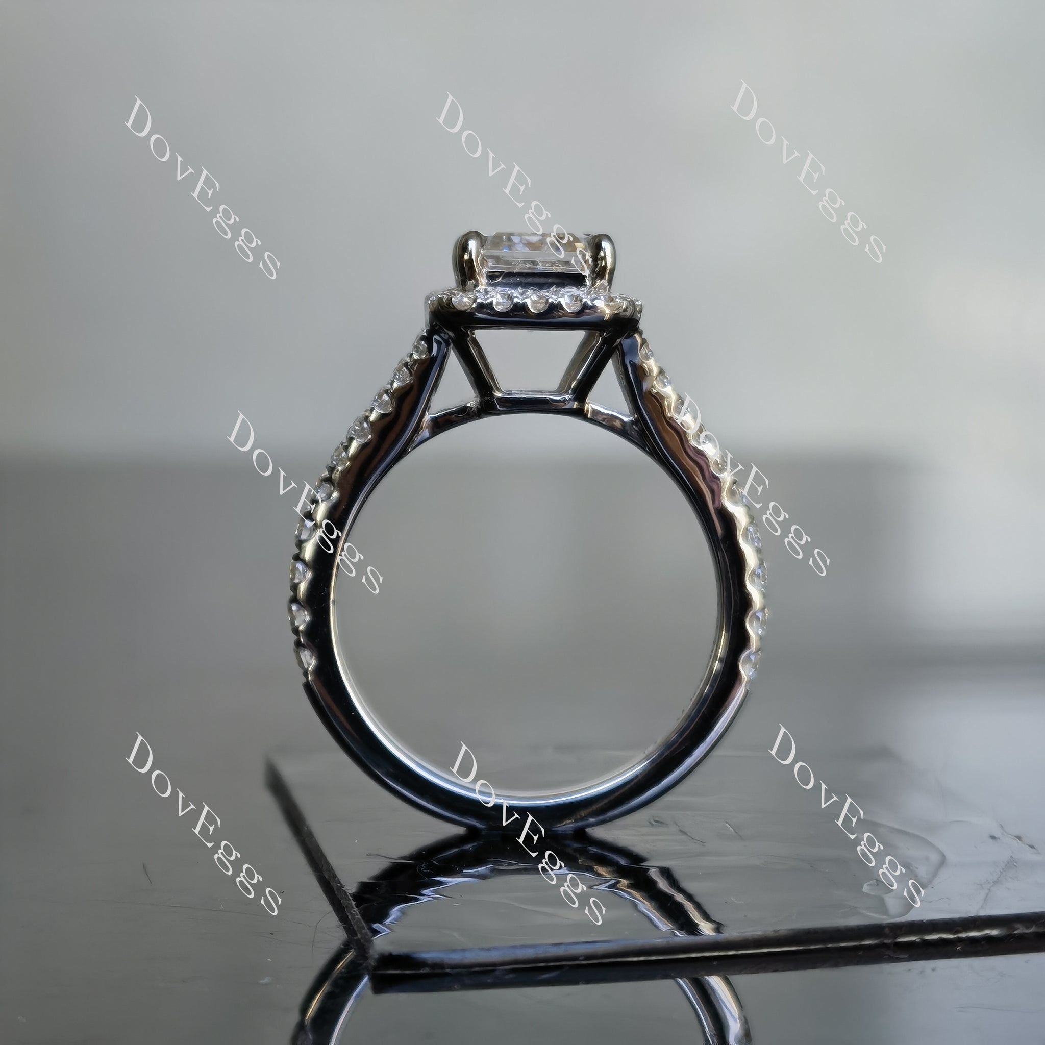 DovEggs emerald split shank pave halo moissanite engagement ring